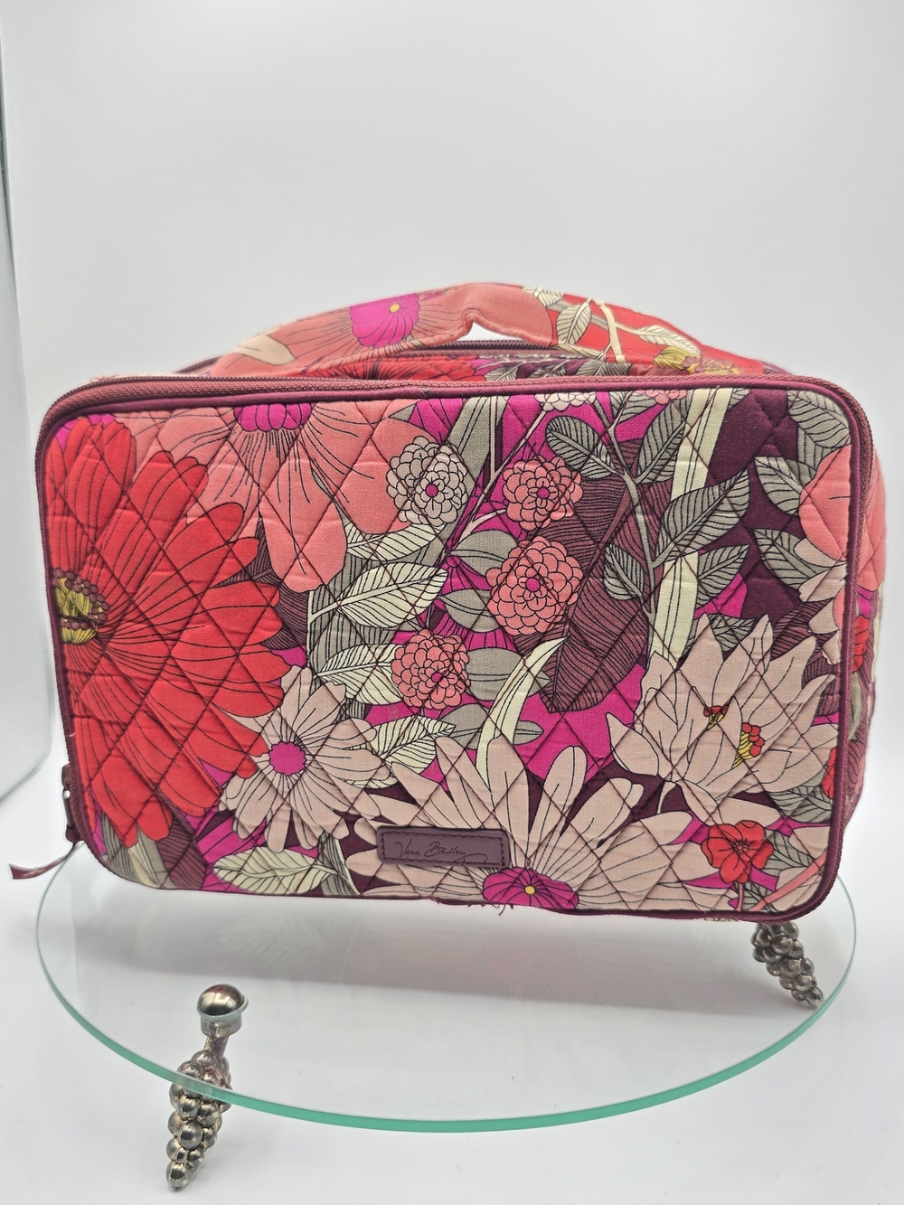 Vera Bradley Red Pink Floral Quilted Cosmetic Case Travel Bag Make Up Vacation